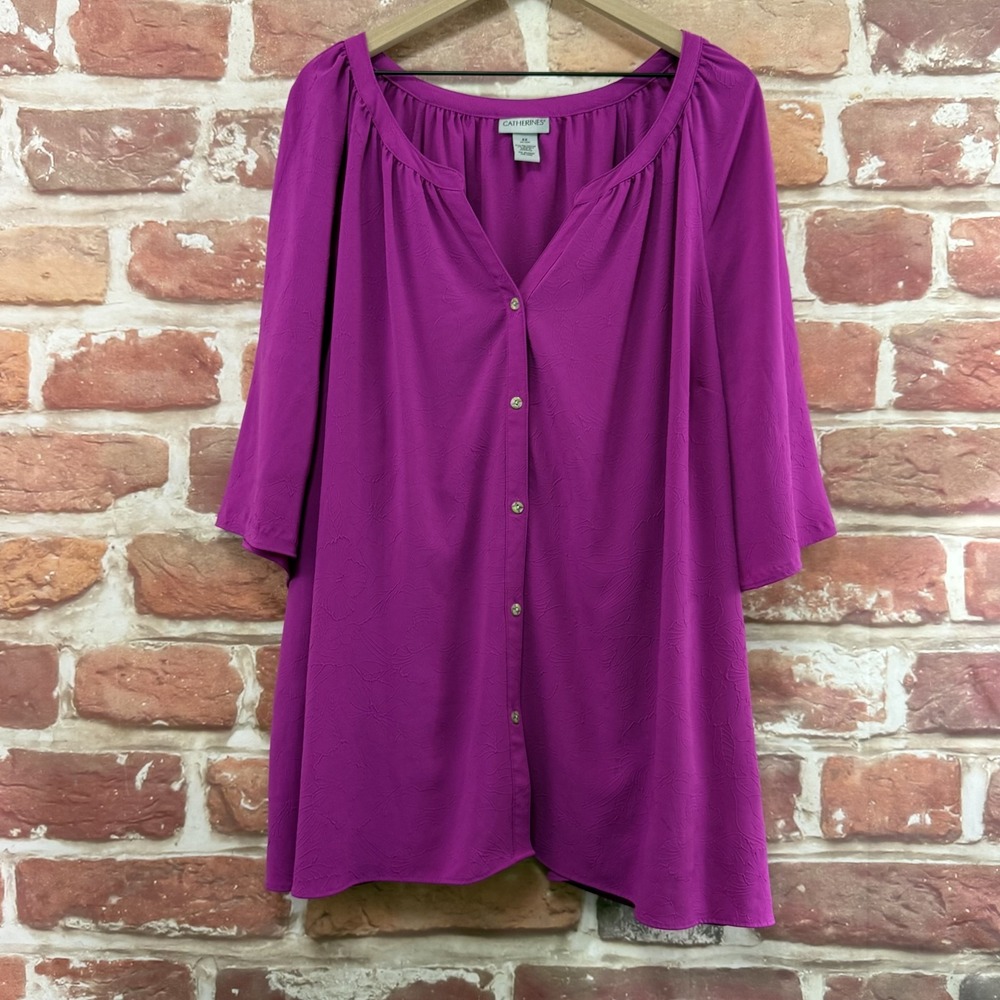 Catherines Top Women's 4X Purple Pink Textured Floral Chic Casual Career Shirt